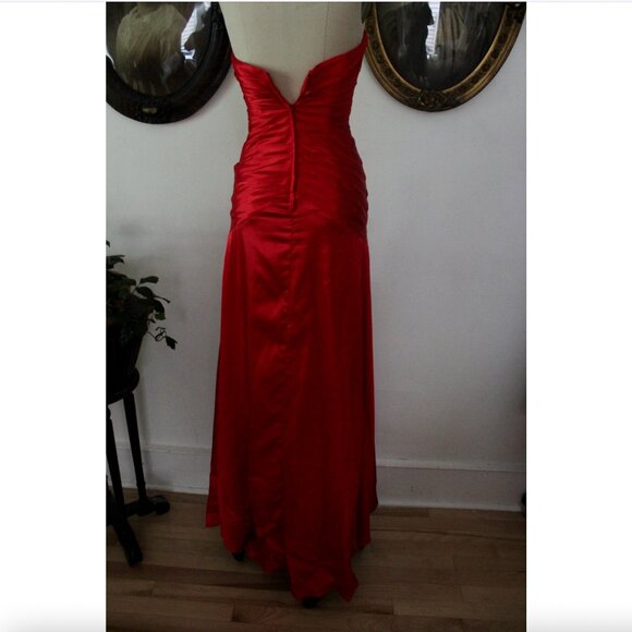 2000's Y2K Tony Bowles Red Satin Rhinestoned High Slit Satin Evening Gown Prom - Picture 4 of 9